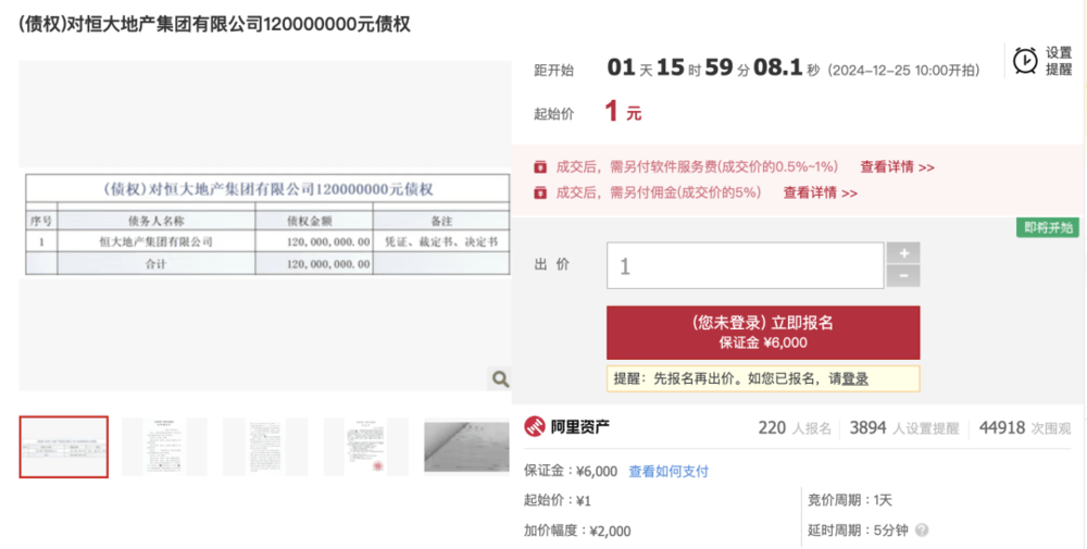 1元起拍<strong></p>
<p>虚拟币福源币</strong>，恒大地产集团1.2亿元债权拍卖参与者众多